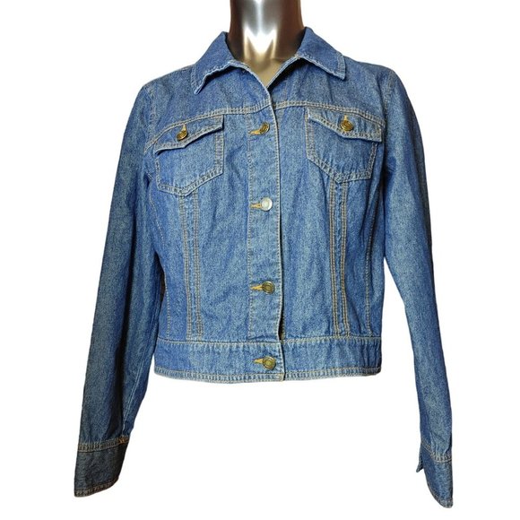 FADED GLORY Womens L Blue Cotton Denim Spring Jacket Double Breast Pockets - Picture 1 of 3